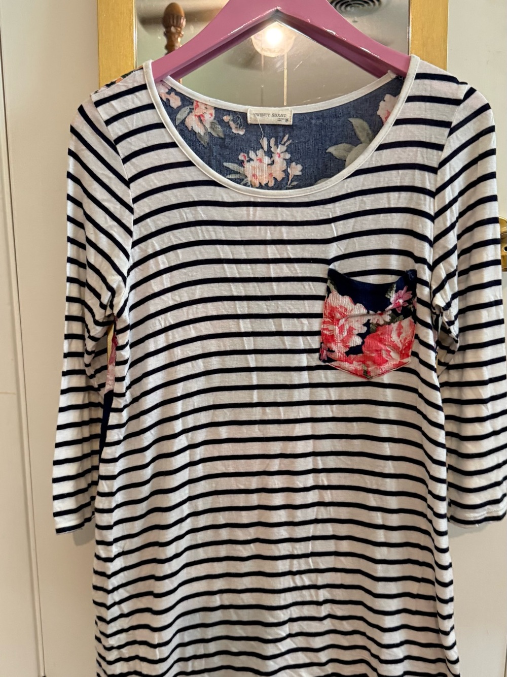 twenty second White & Navy Striped Scoop Neck Top with Floral Pocket. navy blue